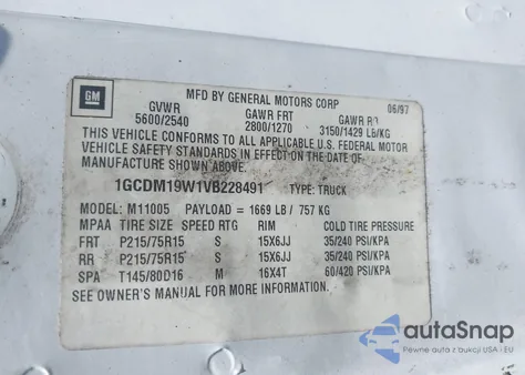 1997 Chevrolet Astro z USA, uszkodzony, nr VIN 1GCDM19W1VB228491